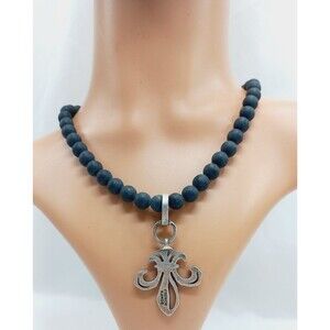 FRENCH KANDE GRAY STONE AND FLEUR DE LIS PENDANT NECKLACE